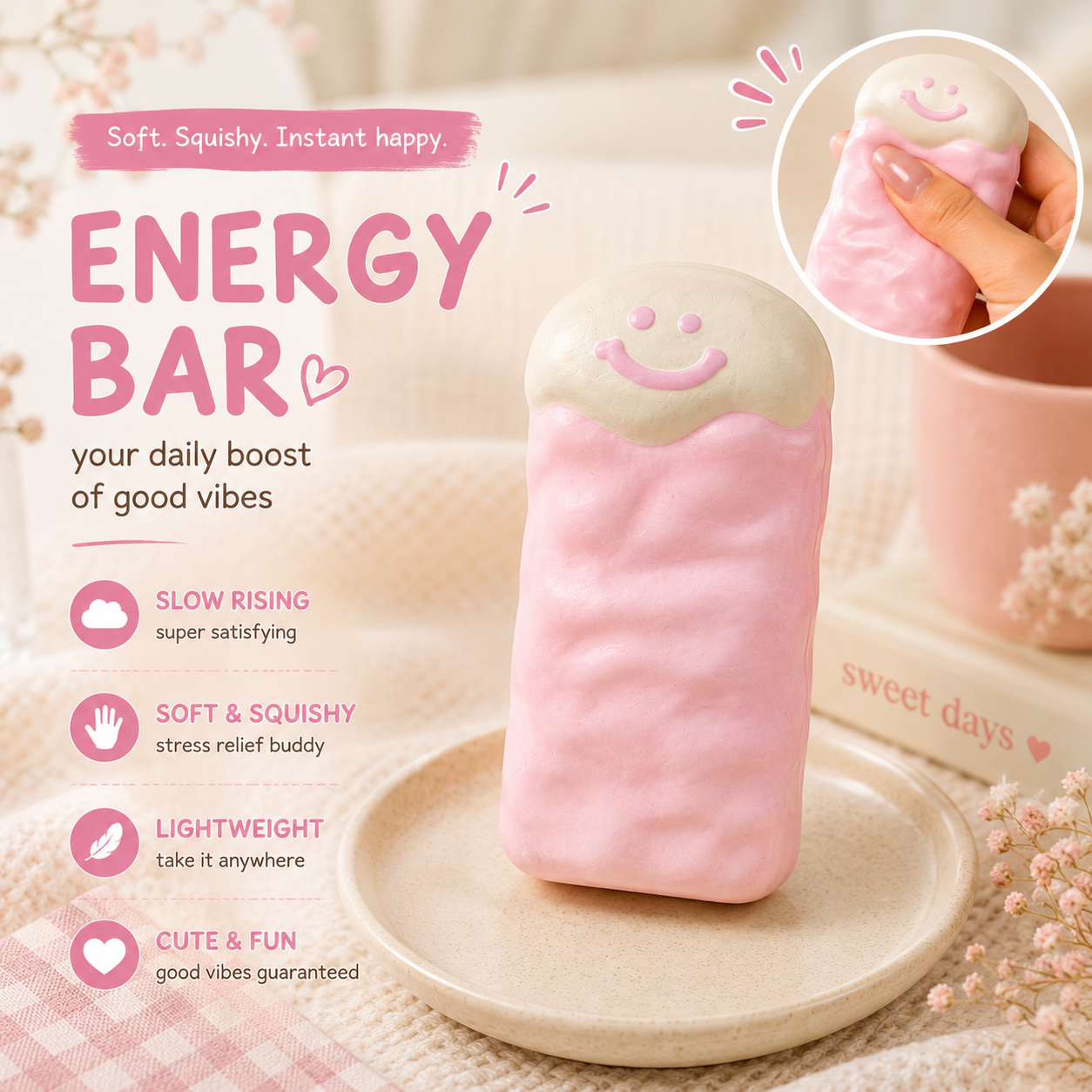 Pink Smiley Energy Bar Squishy